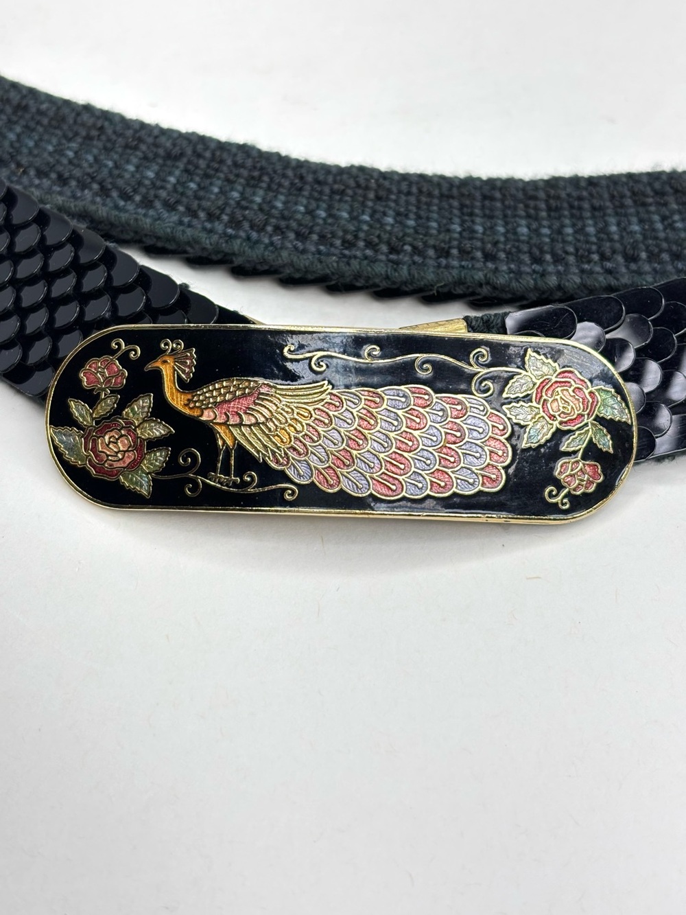 Vintage Cloisonné Peacock & Rose Enamel Belt Buckle Black Fish Scale Stretch 80s